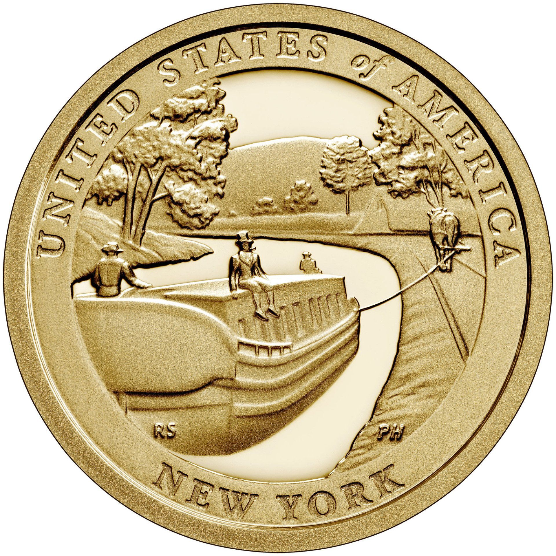 Reverse of the 2021 New York American Innovation $1 Coin shows a packet boat being pulled from a city in the East toward the country areas to the West.  United States Mint Image