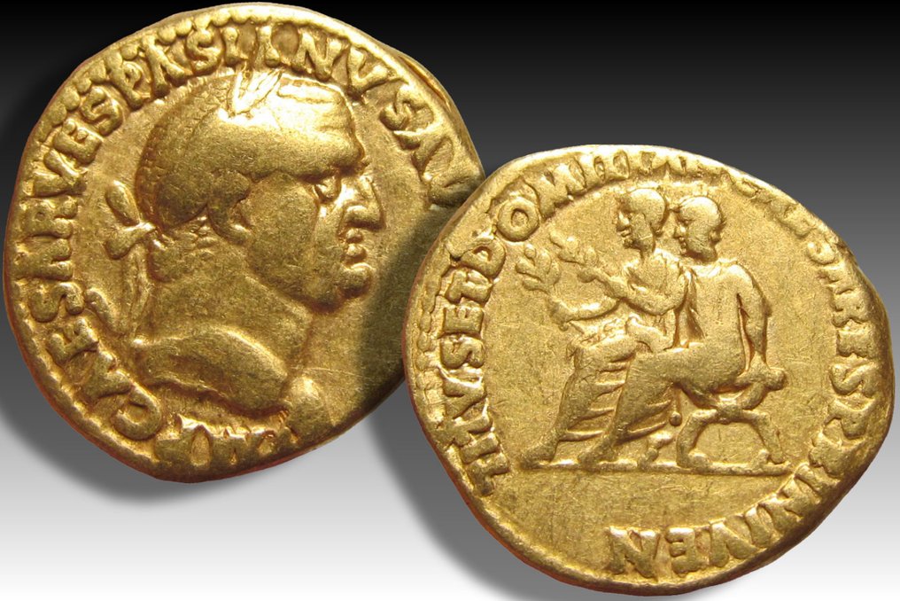 Римская империя. Веспасиан (69-79 гг. н.э.). Монетный двор Aureus Lugdunum (Лион), 71 г. н. э. — Титус и Домициан, реверс, редкий/дефицитный выпуск № 2.1