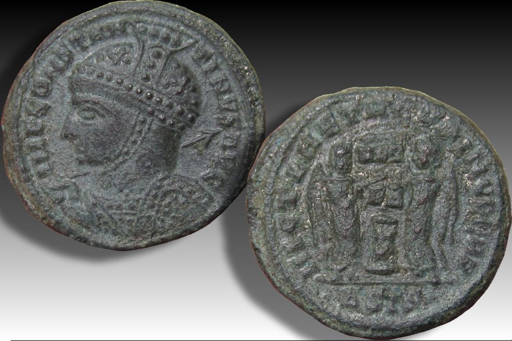 Римская империя. Константин I (306–337 гг. н.э.). Follis Siscia mint около 319 г. н. э. — знак монетного двора •ΔSIS• — VICT LAETAE PRINC PERP реверс — редкий сорт № 2.2