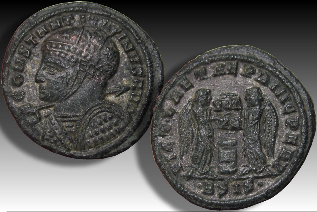 Римская империя. Константин I (306–337 гг. н.э.). Монетный двор Follis Siscia, около 319 г. н.э. – знак монетного двора •BSIS• – VICT LAETAE PRINC PERP, реверс – №2.1