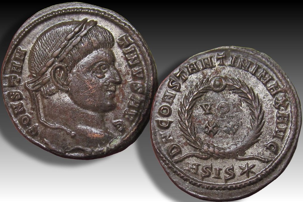 Римская империя. Константин I (306–337 гг. н.э.). Follis Siscia mint 320–321 гг. н. э. — знак монетного двора ASIS✶ — D N CONSTANTINI MAX AVG — Ex CNG 2011 # 2.1