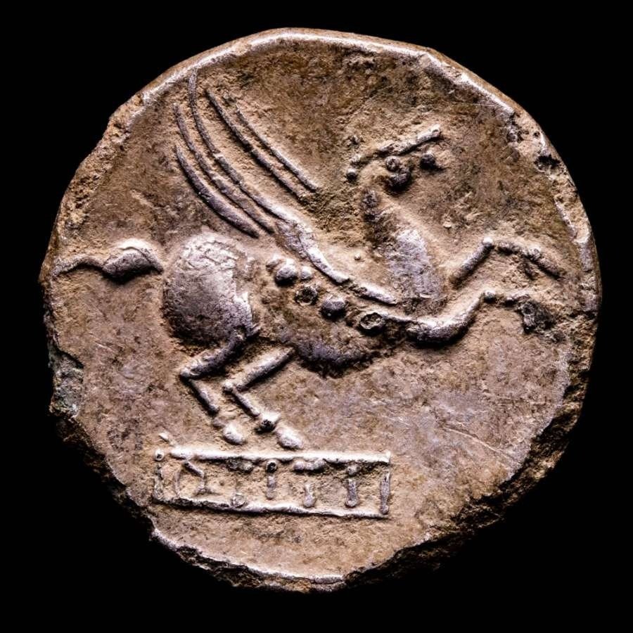 Римская республика. К. Тиций, 90 г. до н.э. Римский монетный двор Foure Denarius - Mutinus Titinus (Priape) в диадеме, голова вправо./ Q. TITI на табличке (без резервной цены) #1.1