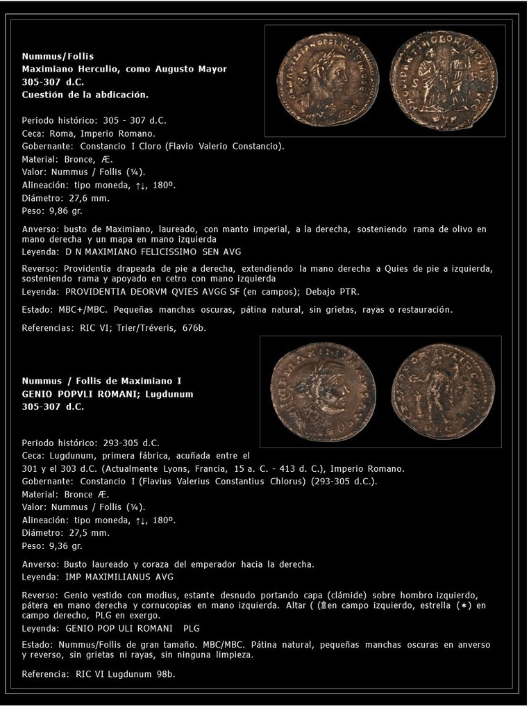 Римская империя. Lote de dos Nummus / Фоллис, Максимиано I и Максимиано Геркулио. Нуммус 305-307 гг.  (Без резервной цены) #2.2