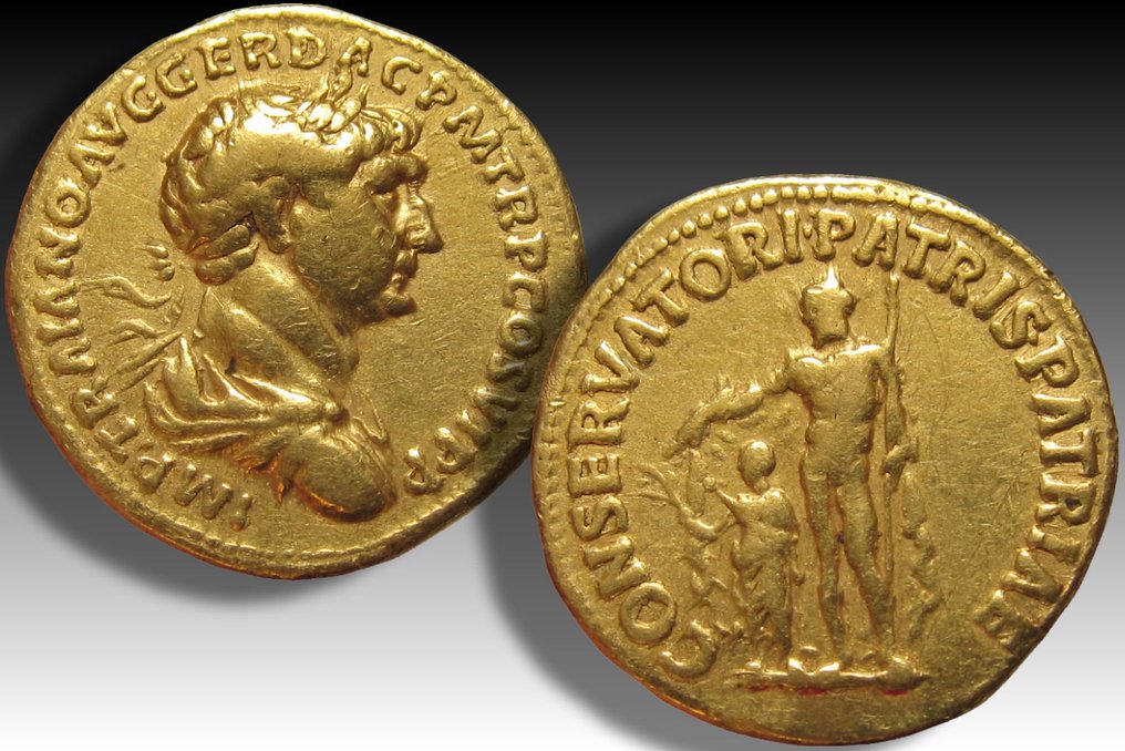 Римская империя. Траян (98-117 гг. н. э.). Монета Aureus Rome, 113-114 гг. н. э. - CONSERVATORI PATRIS PATRIAE - поставляется с французской экспортной лицензией № 3.1