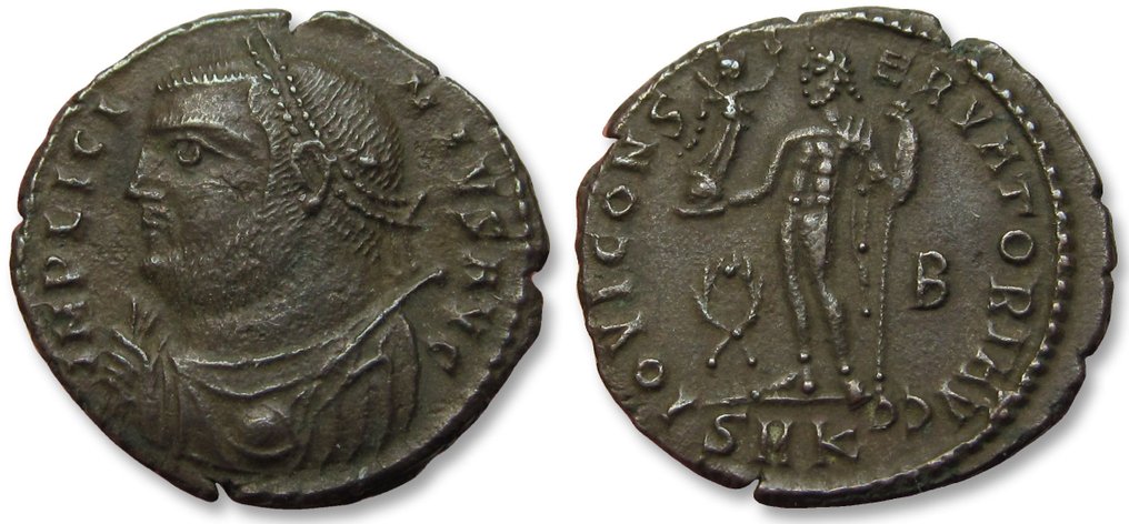 Римская империя. Лициний I (308–324 гг. н. э.). Монетный двор Follis Cyzicus, около 317-320 гг. н. э. — знак монетного двора SMK — № 2.1