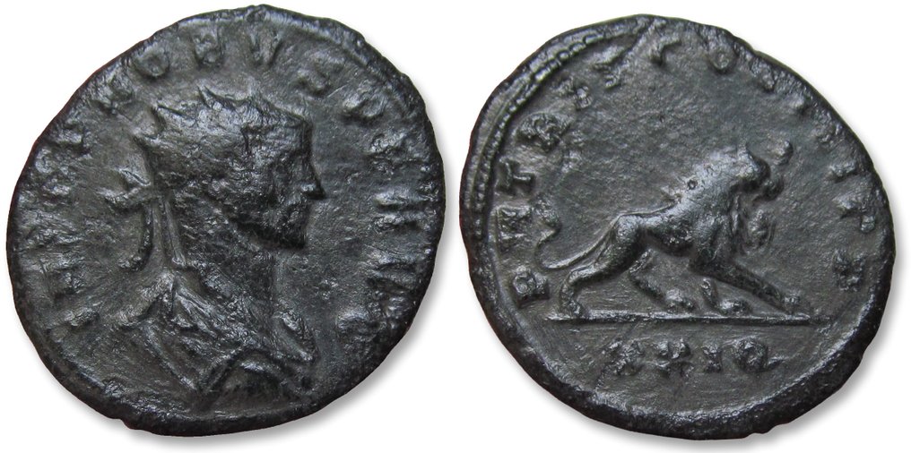 Римская империя. Проб (276–282 гг. н.э.). Мята Antoninianus Siscia, около 279–280 гг. н. э. — реверс лучистого льва, редкий тип — № 2.1.