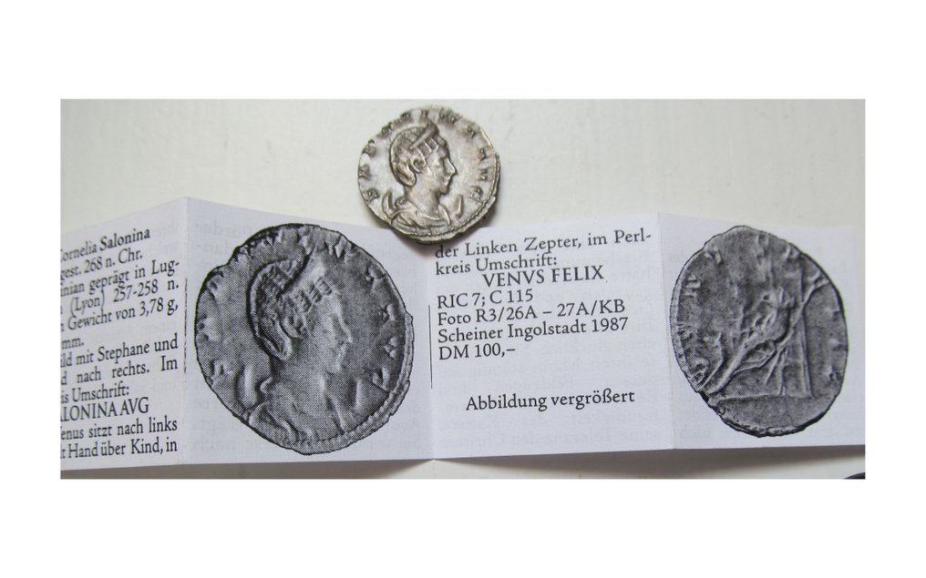 Римская империя. Салонина (Августа, 254-268 гг. н. э.). Antoninianus Colonia Agrippinensis (Кельн) около 257-258 гг. н. э. - из старой немецкой коллекции, с билетом № 1.1