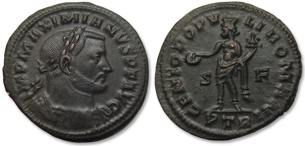 Римская империя. Максимиан (286-305 гг. н.э.). Follis Treveri (Трир) 302-305 гг. н.э. - знак монетного двора TRP, S-F на полях - большая монета 29 мм #2.1