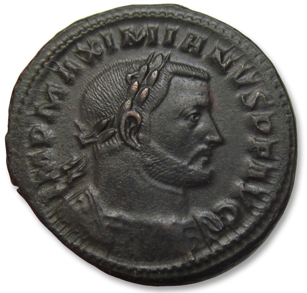 Римская империя. Максимиан (286-305 гг. н.э.). Follis Treveri (Трир) 302-305 гг. н.э. - знак монетного двора TRP, S-F на полях - большая монета 29 мм #1.1