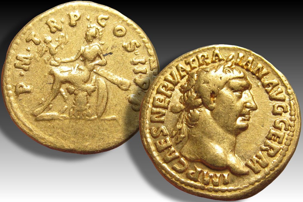 Римская империя. Траян (98-117 гг. н.э.). Монета Aureus Rome, чеканка 98-99 гг. н.э. - Рома сидит слева - более редкий тип #2.1