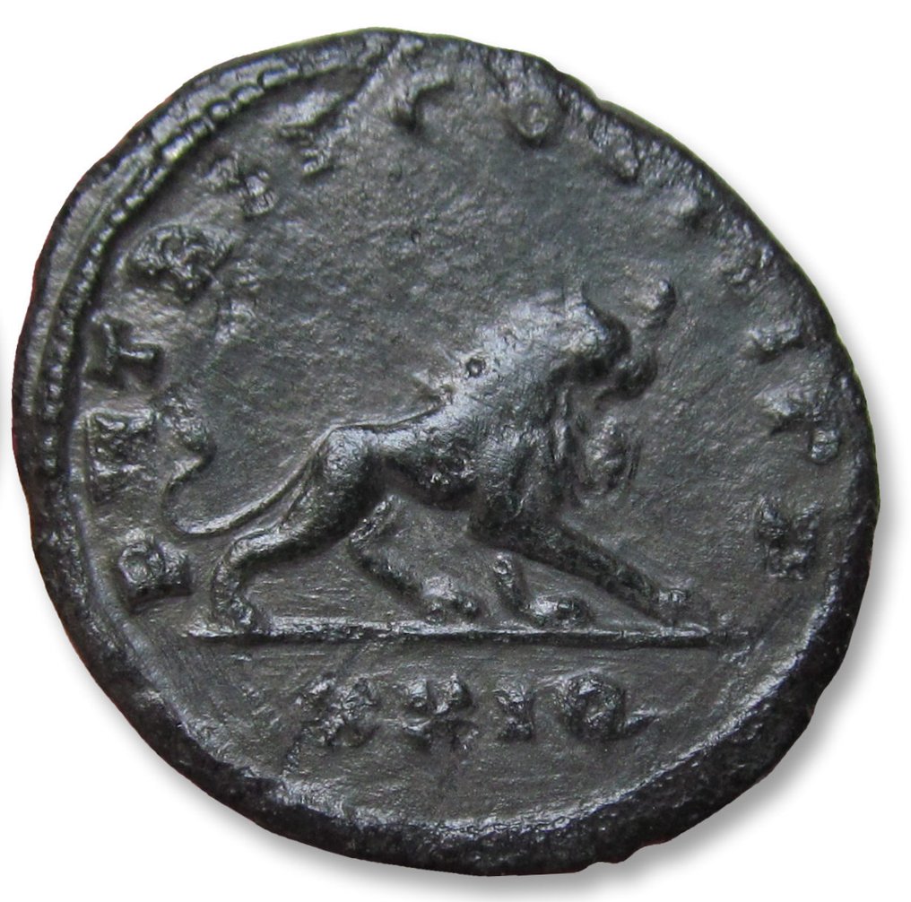 Римская империя. Проб (276–282 гг. н.э.). Мята Antoninianus Siscia, около 279–280 гг. н. э. — реверс лучистого льва, редкий тип — № 1.1.