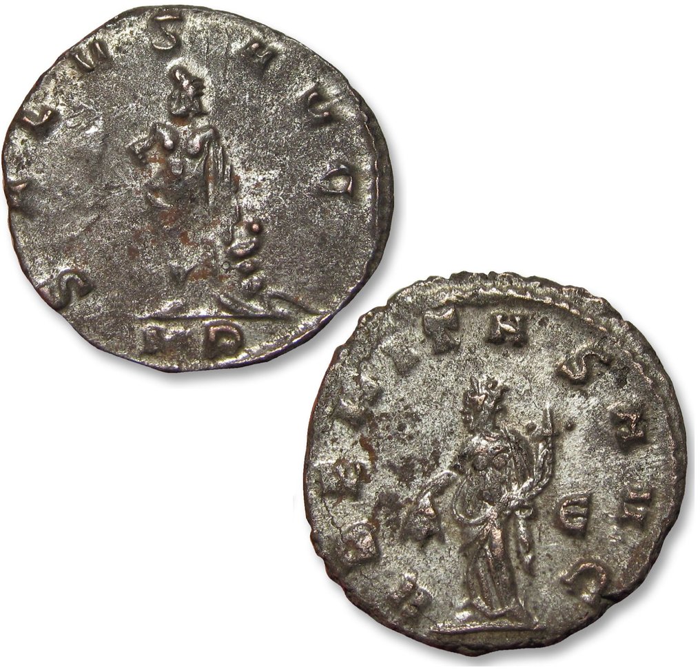 Римская империя. Галлиен (253–268 гг. н.э.). Antoninianus Группа из 2x antoniniani: Миланский монетный двор (SALVS AVG, дефицитный) + Римский монетный двор (VBERITAS AVG, Є) #1.1