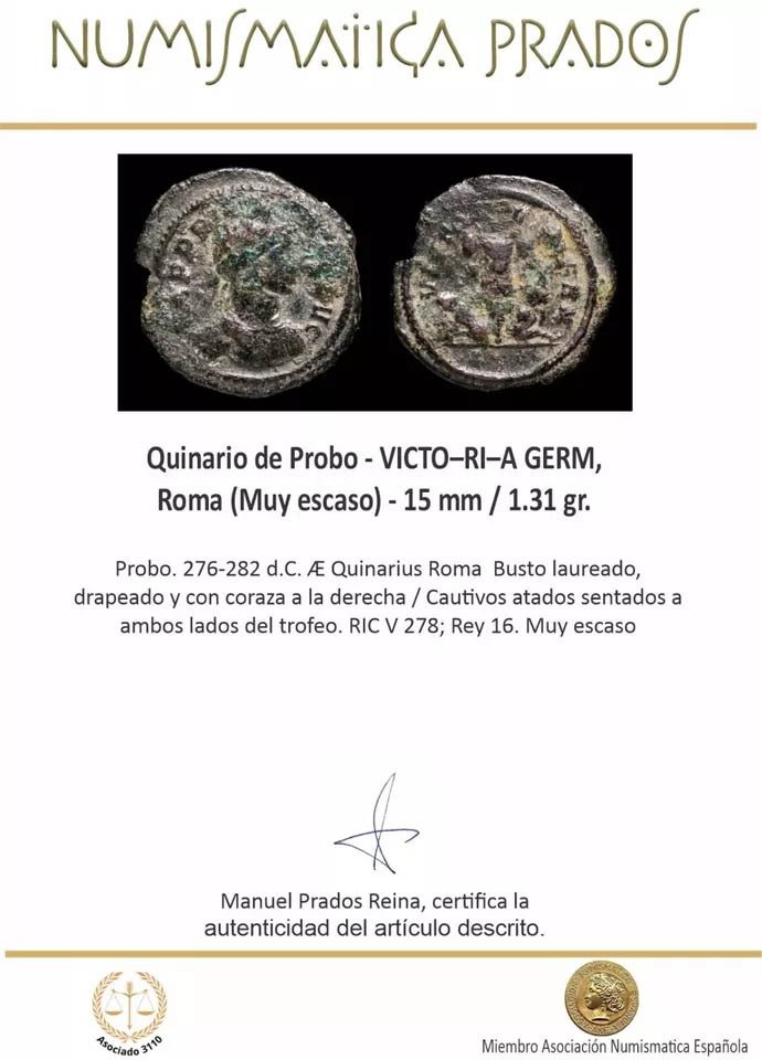 Римская империя. Проб (276–282 гг. н.э.). Quinarius Roma - VICTO–RI–A GERM - (Muy escaso) (без резервной цены) #2.1