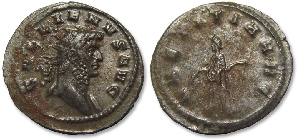 Римская империя. Галлиен (253–268 гг. н.э.). Монетный двор Antoninianus Mediolanum (Милан), около 262–263 гг. н. э. — LAETITIA AVG — почти в идеальном состоянии, почти полностью посеребренный # 2.1