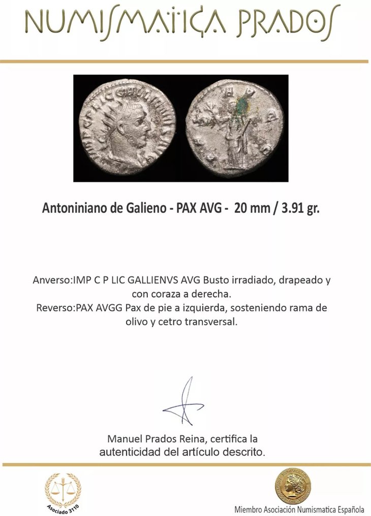 Римская империя. Галлиен (253–268 гг. н. э.). Посеребренный Antoninianus PAX AVG (без резервной цены) #2.1