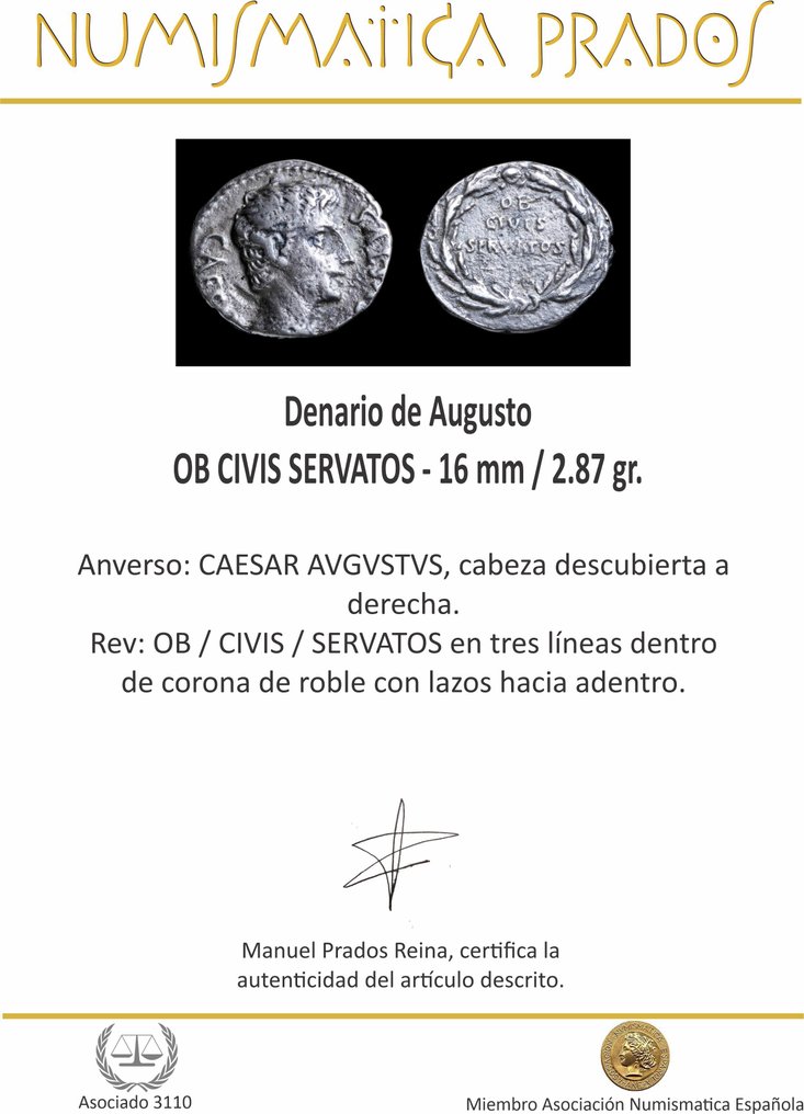 Римская империя. Август (27 г. до н. э. — 14 г. н. э.). Денарий ceca incierta en España (¿Colonia Patricia?) - OB/CIVIS / SERVATOS (без резервной цены) #2.1