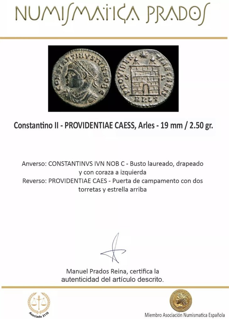 Римская империя. Константин II, Цезарь, 316–337 гг. н.э. Centenionalis PROVIDENTIAE CAESS, Арль (без резервной цены) № 2.1