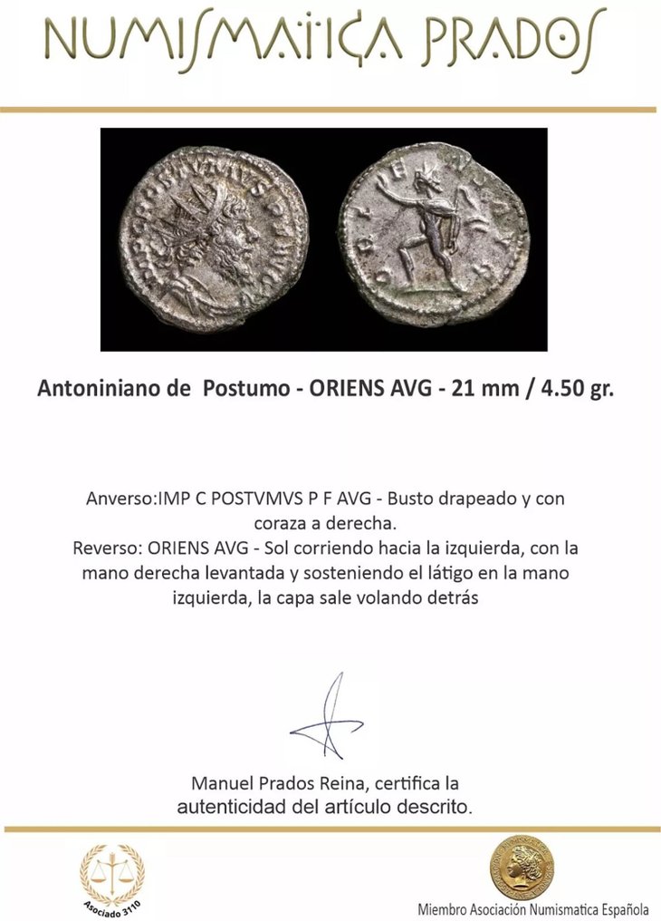 Римская империя. Постум (260–269 гг. н.э.). Посеребренный Antoninianus ORIENS AVG (без резервной цены) #2.1