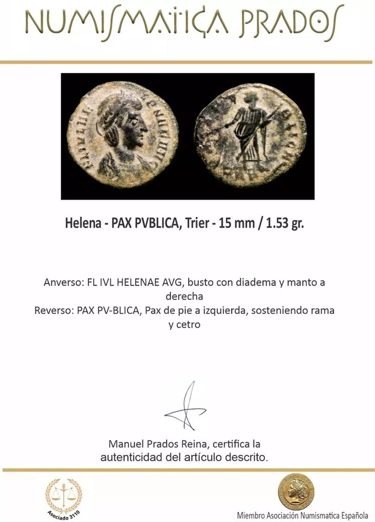 Римская империя. Елена (Августа, 324–328/330 гг. н.э.). Centenionalis PAX PVBLICA, Трир (без резервной цены) № 2.1