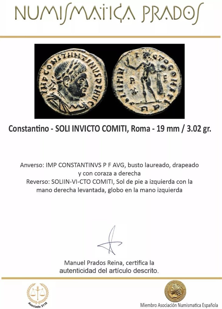 Римская империя. Константин I (306–337 гг. н. э.). Centenionalis SOLI INVICTO COMITI, Roma (без резервной цены) #2.1