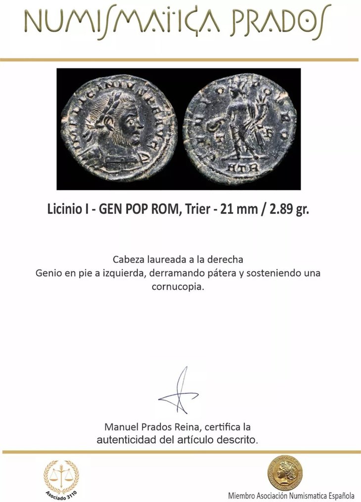 Римская империя. Лициний I (308–324 гг. н. э.). Follis GEN POP ROM, Трир (без резервной цены) № 2.1