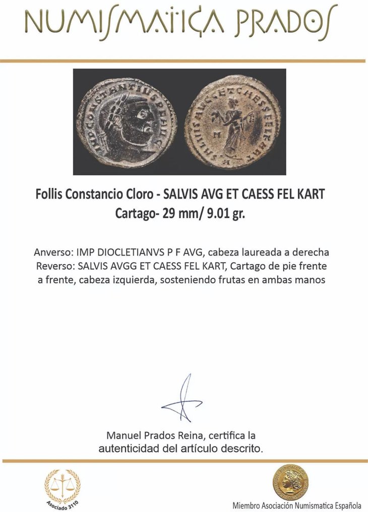 Римская империя. Констанций (305–306 гг. н.э.). Follis SALVIS AVG ET CAESS FEL KART, Картаго (без резервной цены) #2.1