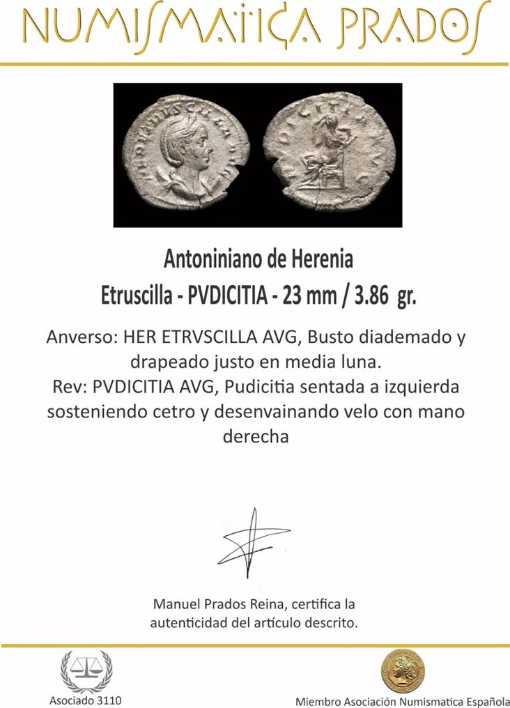Римская империя. Херенния Этрусцилла (Августа, 249–251 гг. н.э.). Antoninianus PVDICITIA AVG (без резервной цены) #2.1