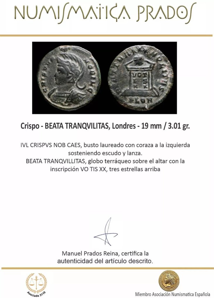 Римская империя. Крисп (317–326 гг. н.э.). Centenionalis BEATA TRANQVILITAS, Лондон (без резервной цены) # 2.1