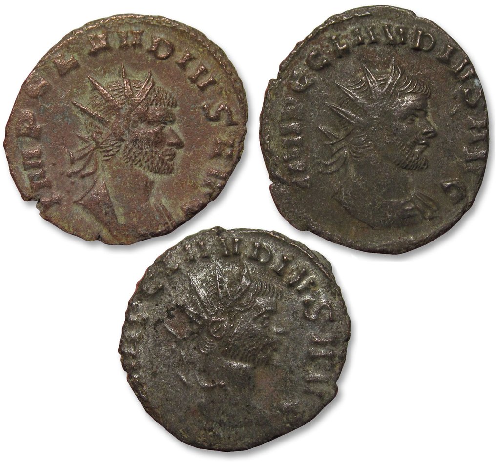 Римская империя. Клавдий Готский (268–270 гг. н.э.). Монетный двор Рима Антониниан, группа из 3 разных монет: FIDES EXERCI - ANNONA AVG - VICTORIA AVG, реверс № 1.1.