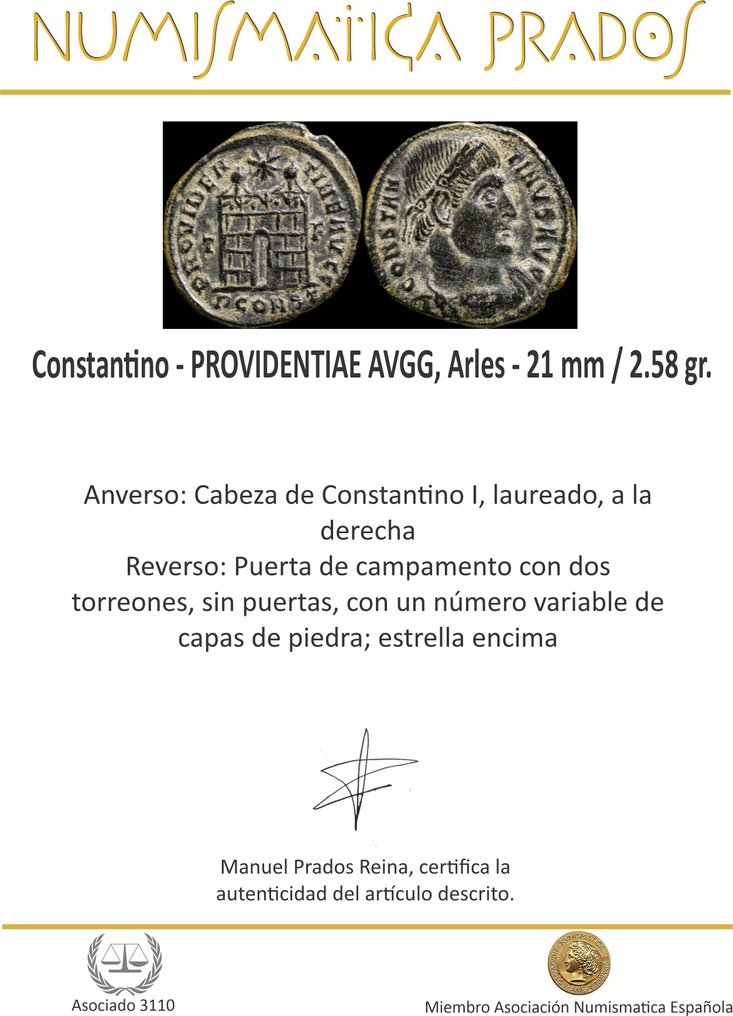Римская империя. Константин I (306–337 гг. н.э.). Centenionalis PROVIDENTIAE AVGG, Арль (без резервной цены) № 2.1