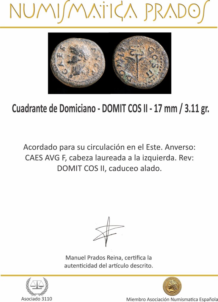 Римская империя. Домициан (81–96 гг. н.э.). Quadrans DOMIT COS II (без резервной цены) #2.1