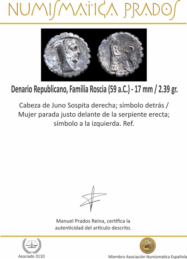 Римская республика. Л. Росций Фабатус, 59 г. до н. э. Денарий Рома (без резервной цены) #2.1