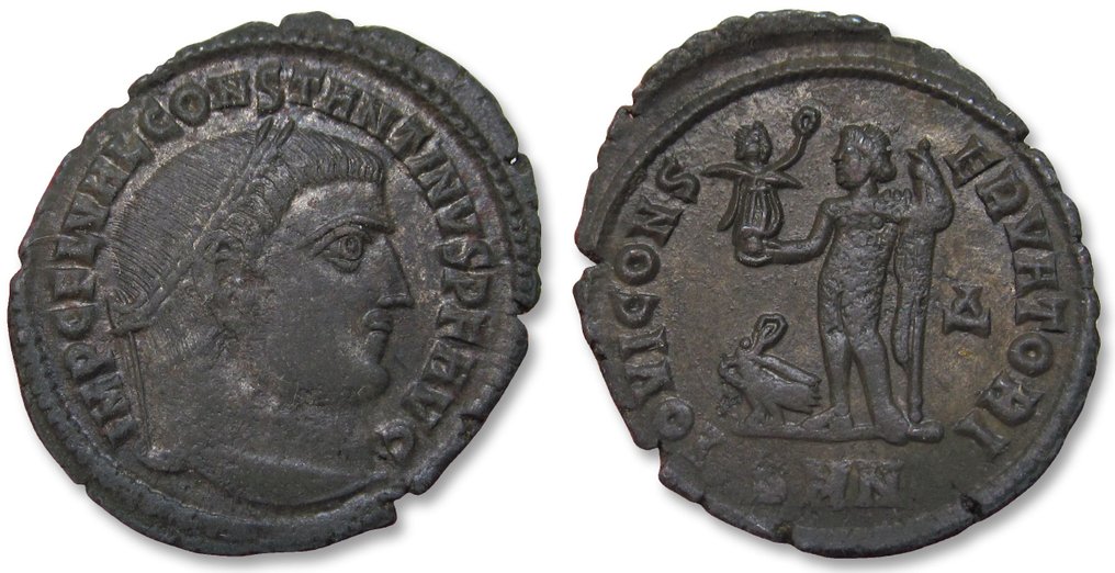 Римская империя. Константин I (306–337 гг. н.э.). Монетный двор Фоллис Никомедия, 4-й официна, около 313 г. н. э. — знак монетного двора SMN с Δ в полях — монета 25 мм № 2.1