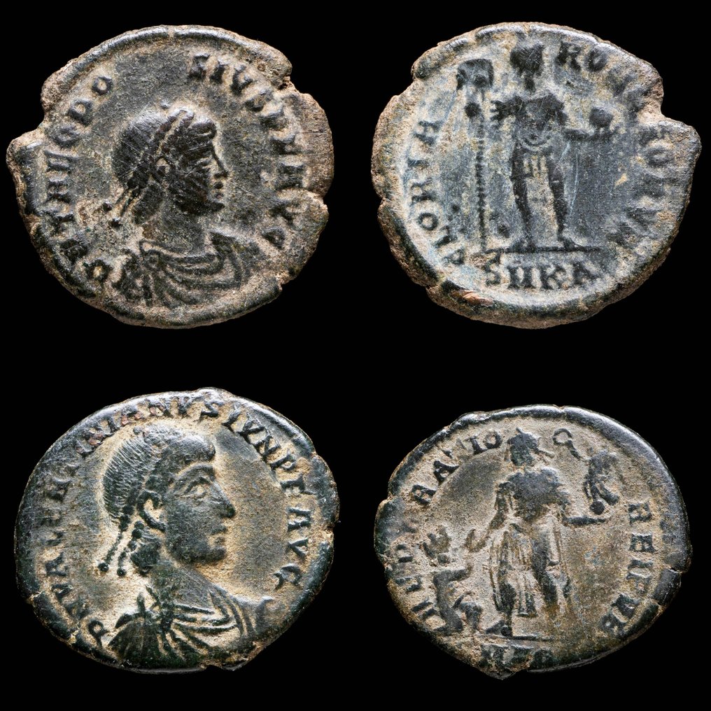 Римская империя. Феодосий I (379–395 гг. н. э.). Фоллис ГЛОРИЯ РОМАНОРВМ / РЕПАРАЦИЯ РЕЙПВБ. Лотэ де 2 монеты (без резервной цены) #1.1