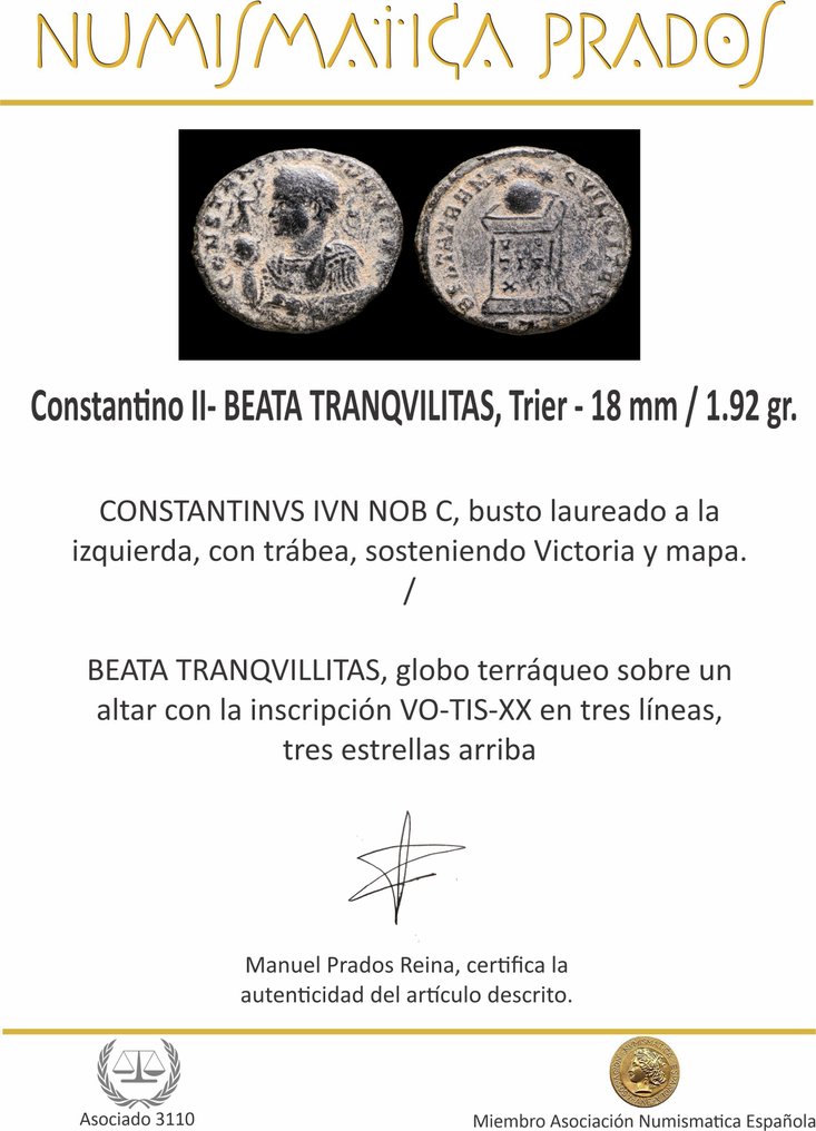 Римская империя. Константин II, Цезарь, 316–337 гг. н.э. Centenionalis BEATA TRANQVILLITAS, Трир (без резервной цены) #2.1
