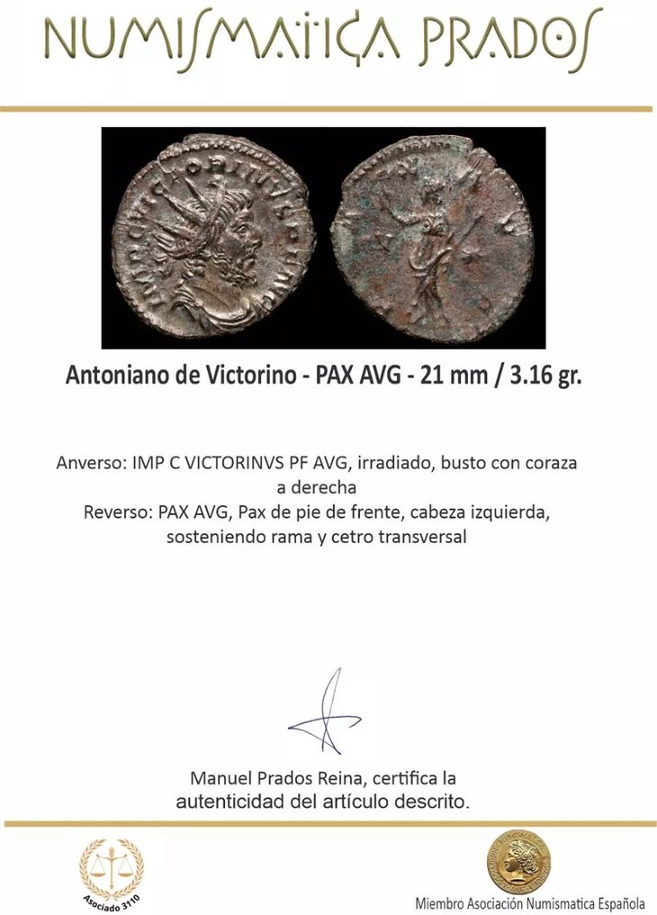 Римская империя. Викторин (269–271 гг. н. э.). Antoninianus PAX AVG (без резервной цены) # 2.1