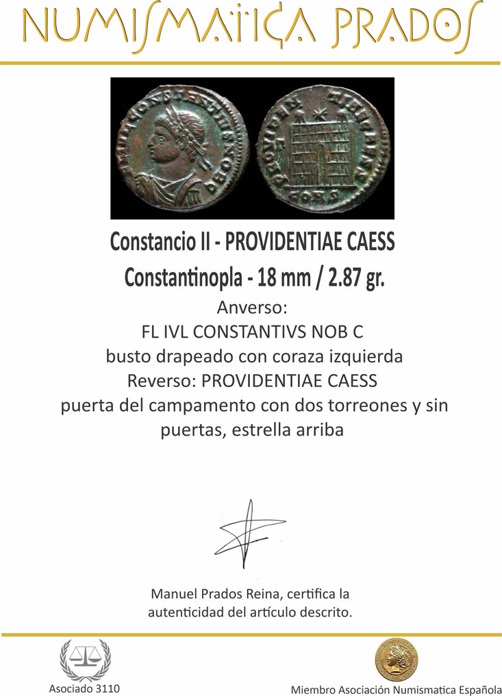 Римская империя. Констанций II (337–361 гг. н. э.). PROVIDENTIAE CAESS, Константинопла - 18 мм/2,87 гр.  (Без резервной цены) #2.1