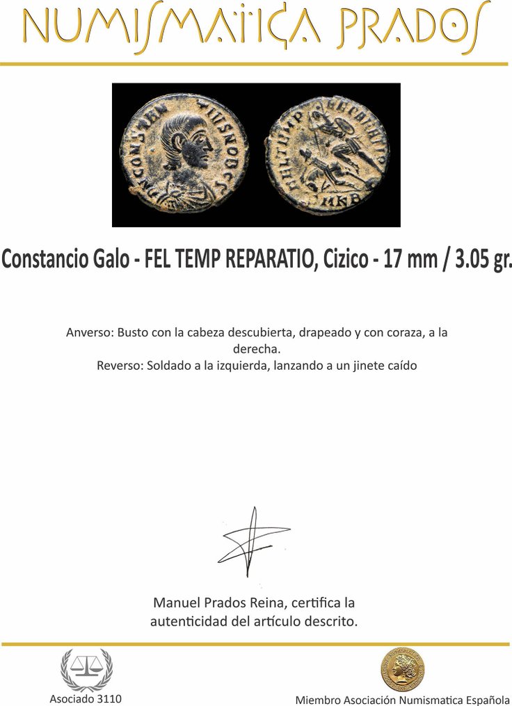 Римская империя. Констанций Галл (351–354 гг. н.э.). Centenionalis FEL TEMP REPARATIO, Cizico (без резервной цены) #2.1