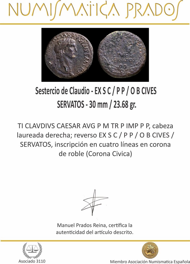 Римская империя. Клавдий (41–54 гг. н.э.). Sestertius EX S C / P P / O B CIVES / SERVATOS (без резервной цены) #2.1