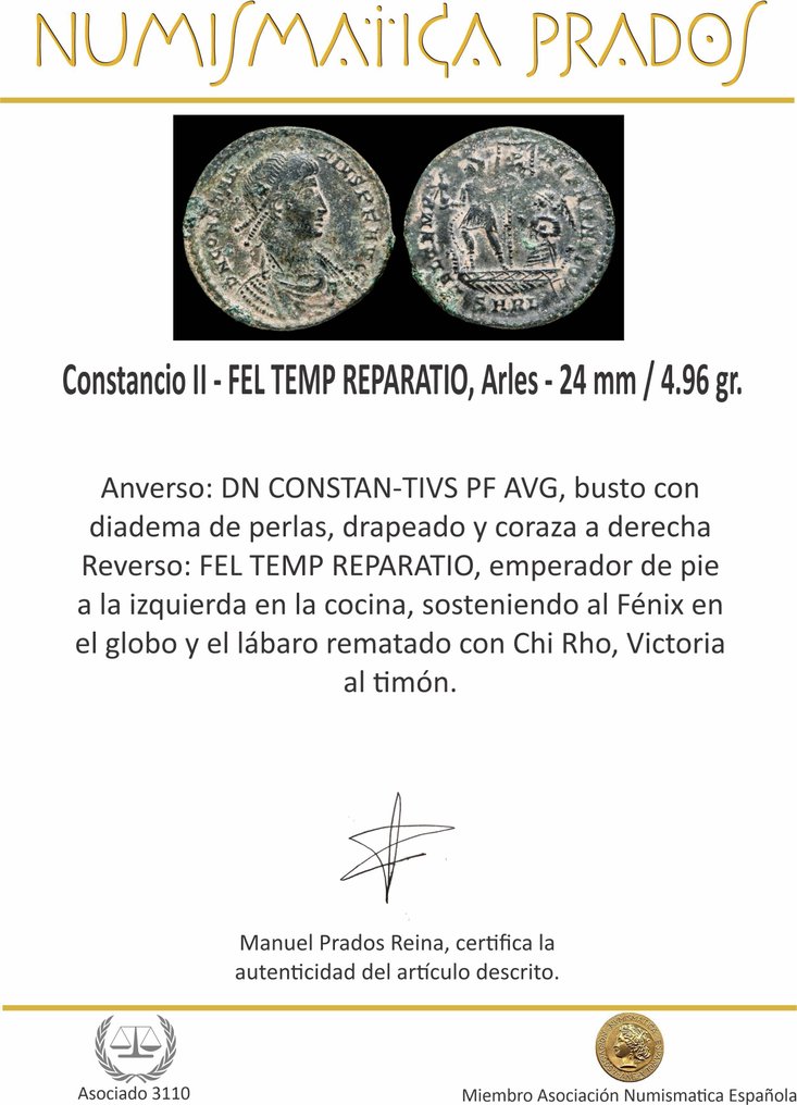 Римская империя. Констанций II (337–361 гг. н. э.). Follis FEL TEMP REPARATIO, Арль (без резервной цены) № 2.1