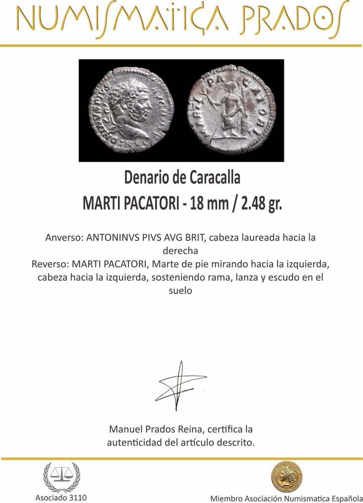 Римская империя. Каракалла (198-217 гг. н. э.). Денарий MARTI PACATORI (без резервной цены) #2.1