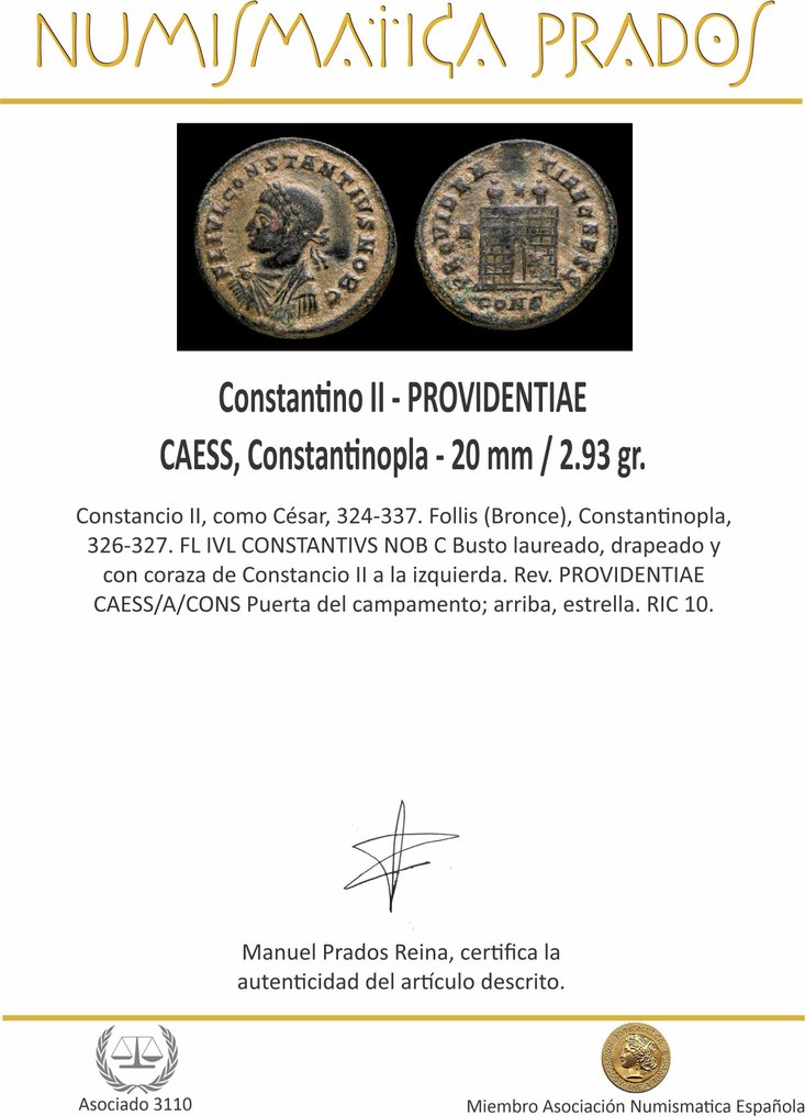 Римская империя. Константин II (337–340 гг. н.э.). Centenionalis PROVIDENTIAE CAESS, Константинопла (без резервной цены) № 2.1