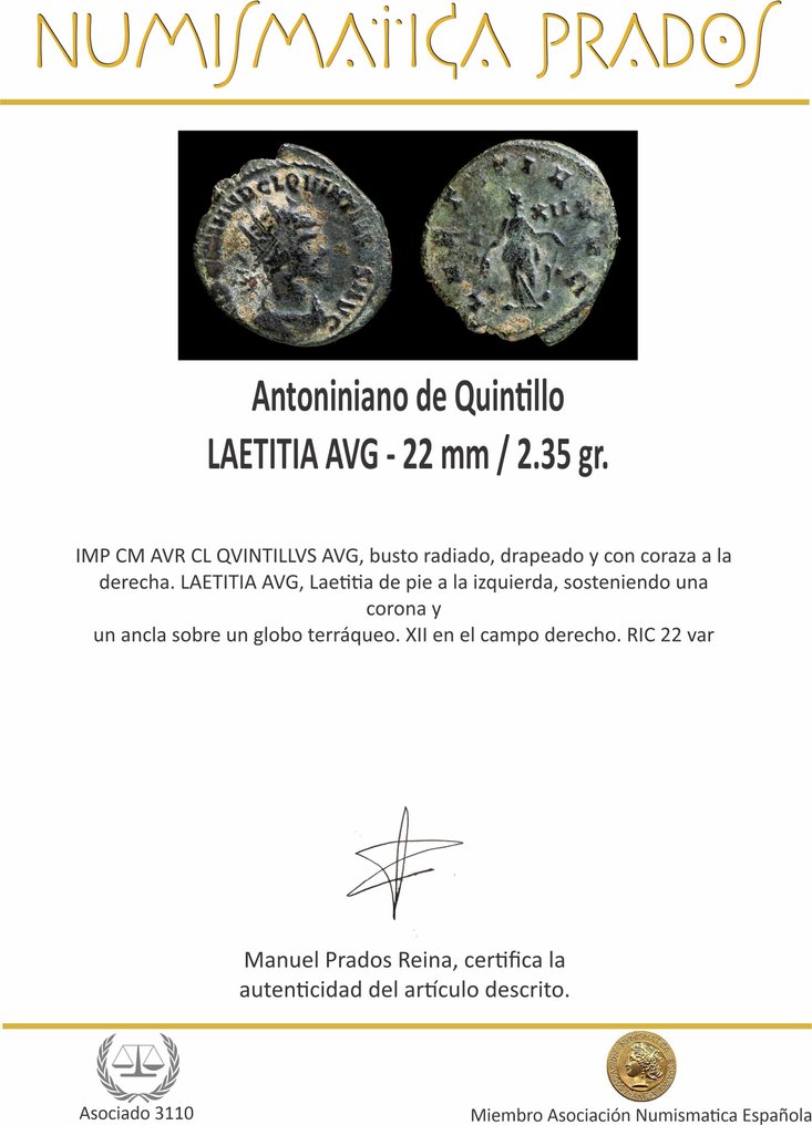 Римская империя. Квинтилл (270 г. н.э.). Antoninianus LAETITIA AVG (без резервной цены) # 2.1