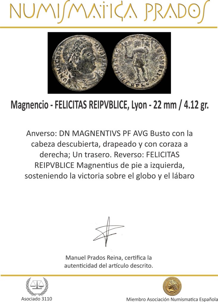 Римская империя. Магненций (350–353 гг. н.э.). Follis FELICITAS REIPVBLICE, Лион (без резервной цены) № 2.1