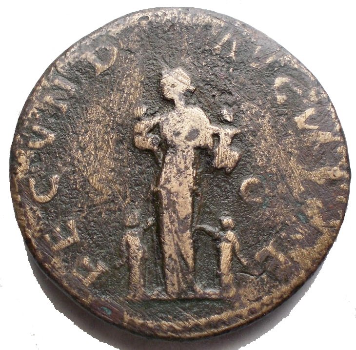 Римская империя. Фаустина II (Августа, 147-175 гг. н. э.). Сестерций r/ Фекундитас (Плодородие) стоит слева, между двумя детьми, держит на руках еще двоих (Без начальной цены) #1.1