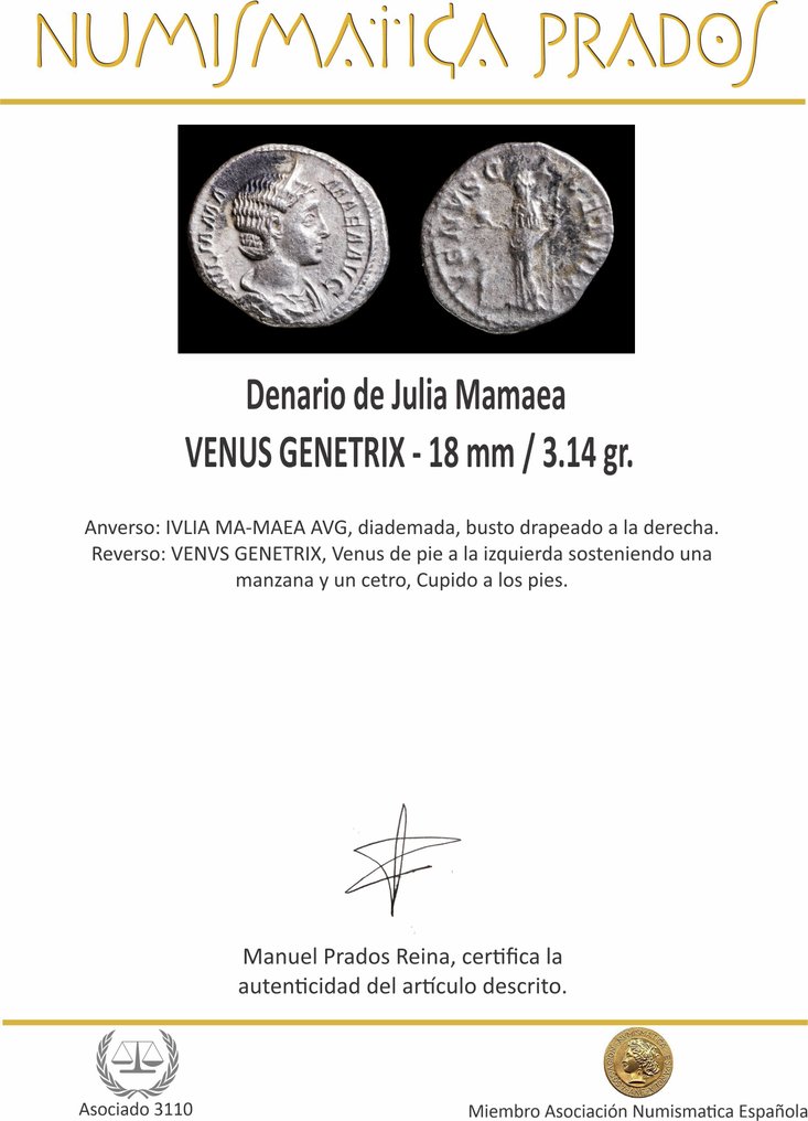 Римская империя. Юлия Мамая (Августа, 222–235 гг. н.э.). Денарий ВЕНЕРА-ПОДНИЦА (без резервной цены) #2.1