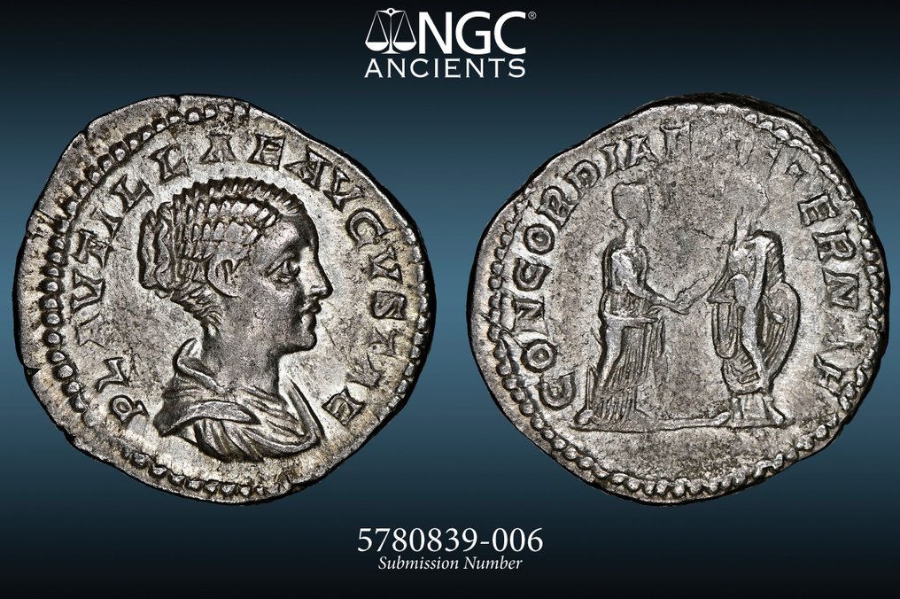 Римская империя. Плавтилла († 212 г. н.э.). Денарий Рим, 202 год нашей эры — NGC — XF #2.1