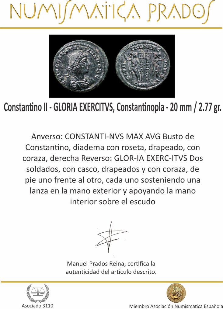 Римская империя. Константин II, Цезарь, 316–337 гг. н.э. Centenionalis GLORIA EXERCITVS, Константинопла (без резервной цены) #2.1