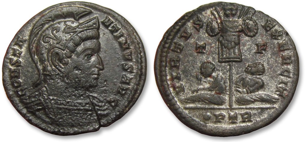 Римская империя. Константин I (306–337 гг. н.э.). Монетный двор Фоллис Тревери (Трир), 1-й сорт, около 320 г. н.э. — знак монетного двора •PTR — VIRTVS EXERCIT #2.1