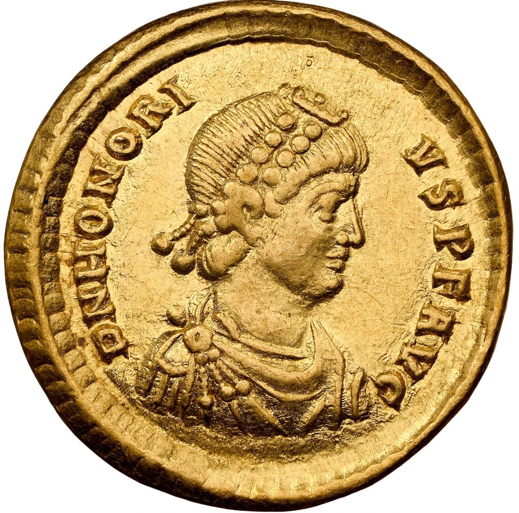 Римская империя. Гонорий (393–423 гг. н. э.). Солидус Сирмий, 6-й лекарственный, ок. 393-395. AD VICTOR-IA AVGGG S #1.1